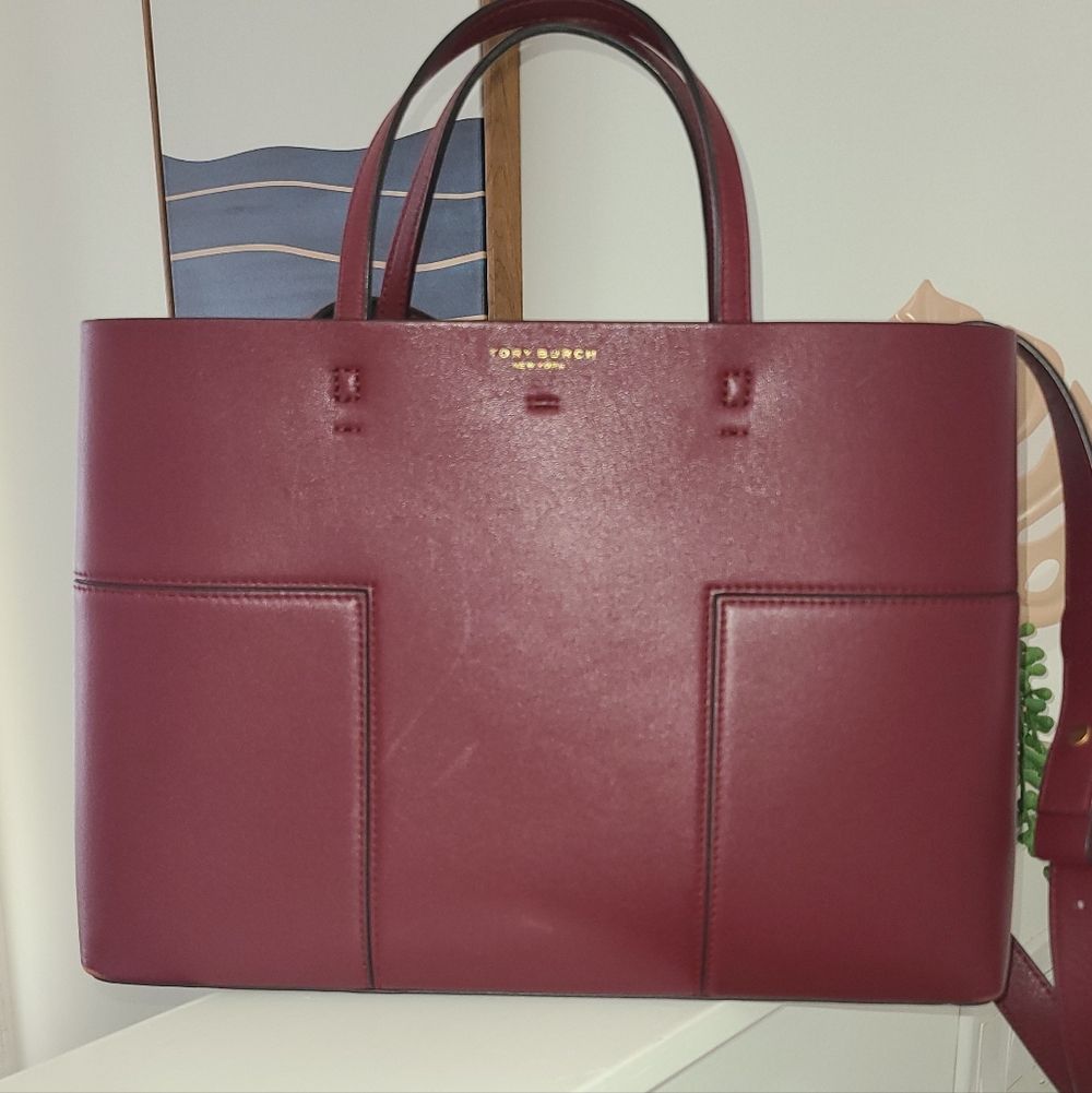 Tory Burch Wine Red Leather Tote with Green Interior - Picture 3 of 12